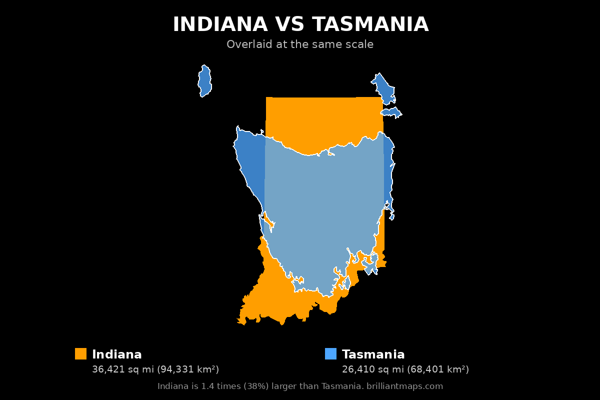 Indiana vs Tasmania Size Comparison Map