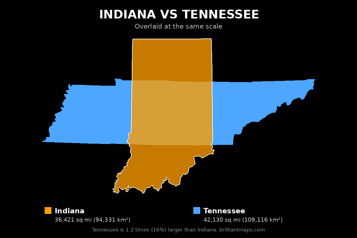 Indiana vs Tennessee Size Comparison Map
