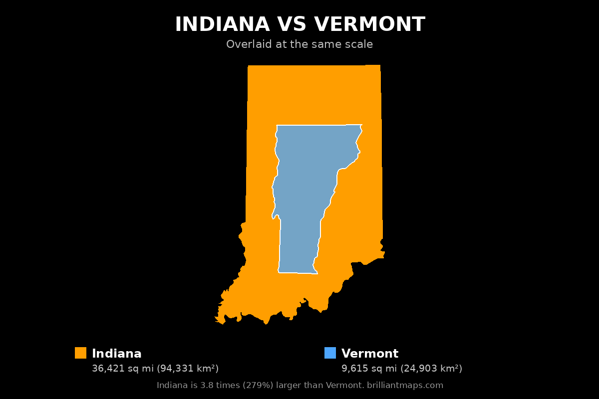 Indiana vs Vermont Size Comparison Map