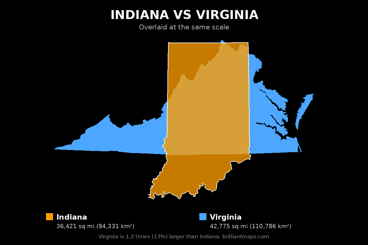 Indiana vs Virginia Size Comparison Map