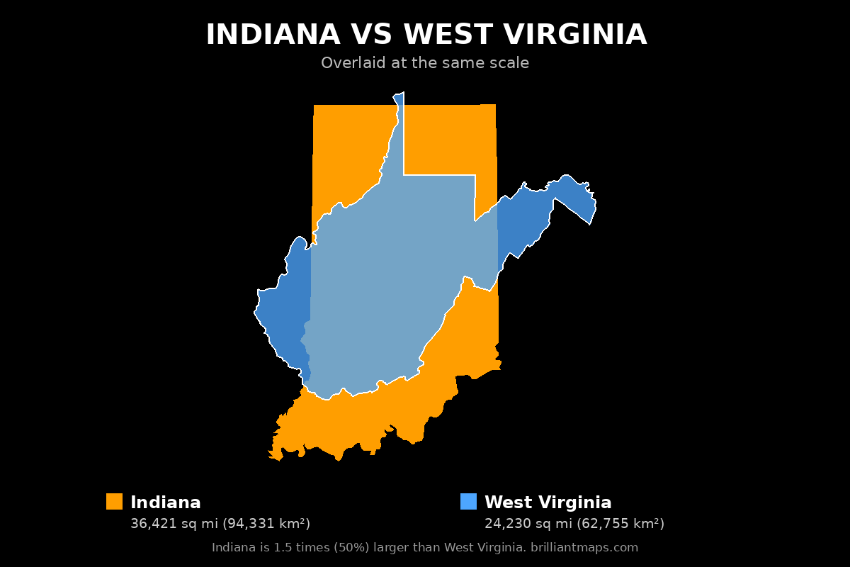 Indiana vs West Virginia Size Comparison Map