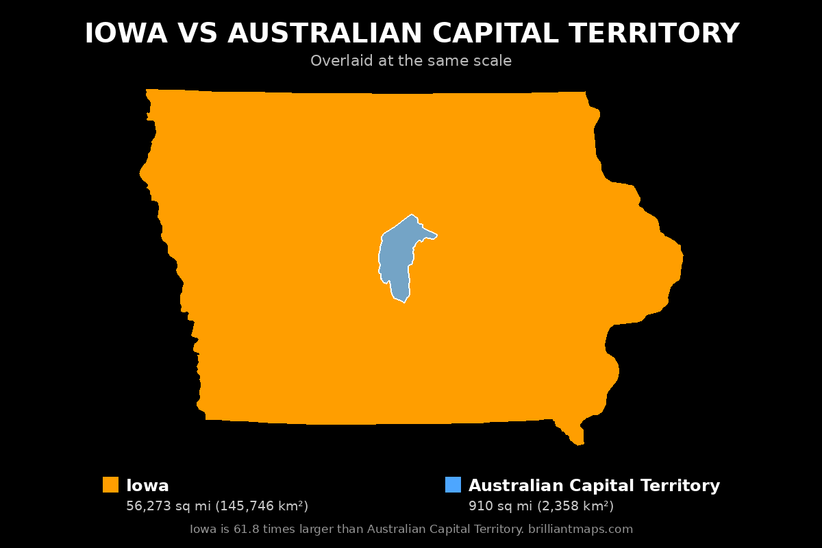 Iowa vs Australian Capital Territory Size Comparison Map