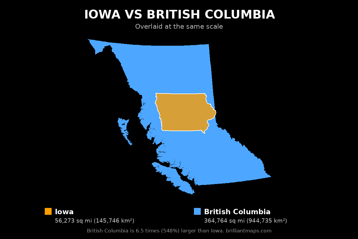 Iowa vs British Columbia Size Comparison Map