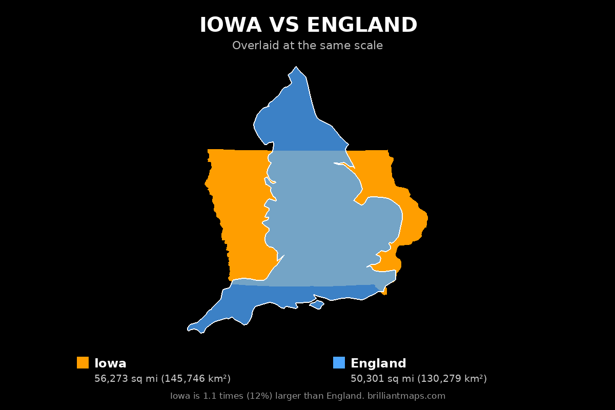 Iowa vs England Size Comparison Map