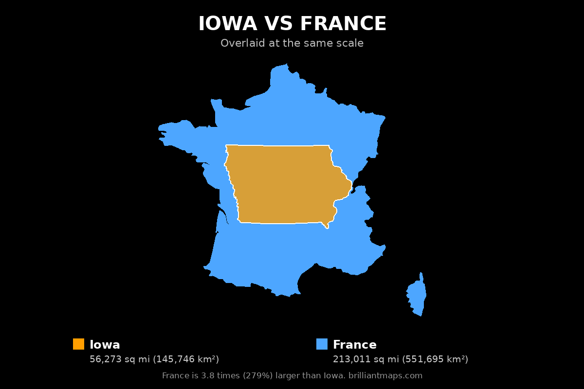 Iowa vs France Size Comparison Map