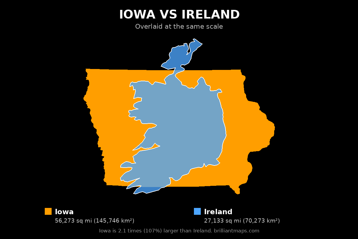 Iowa vs Ireland Size Comparison Map