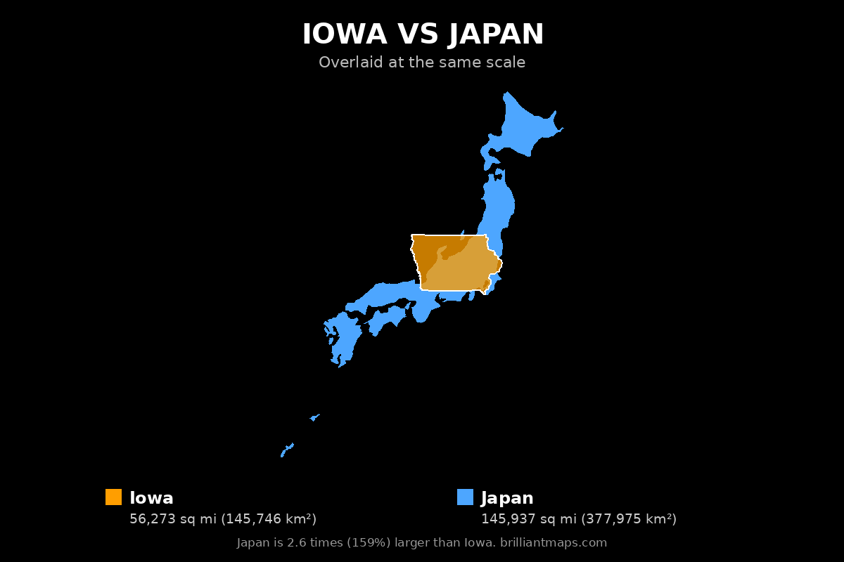 Iowa vs Japan Size Comparison Map