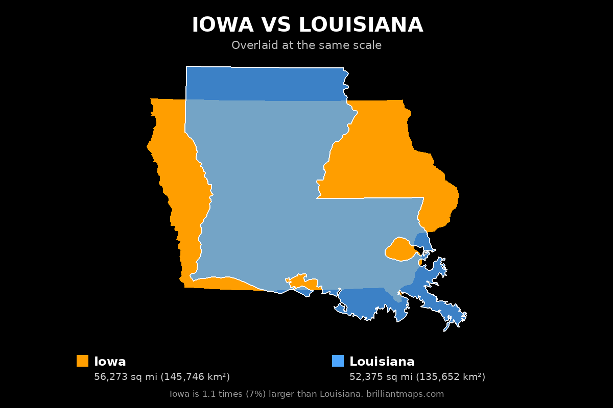 Iowa vs Louisiana Size Comparison Map
