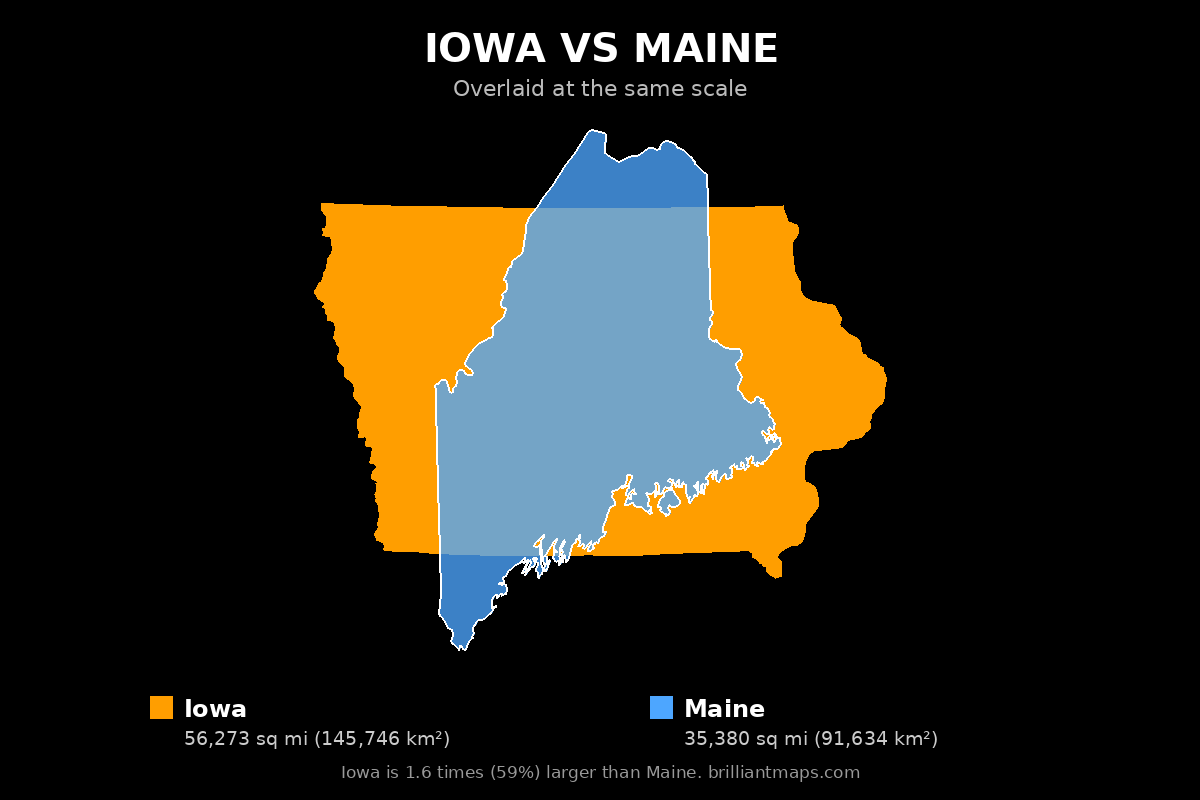 Iowa vs Maine Size Comparison Map