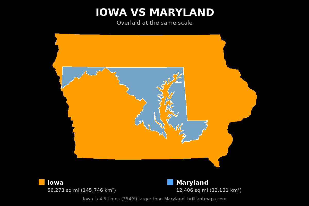 Iowa vs Maryland Size Comparison Map