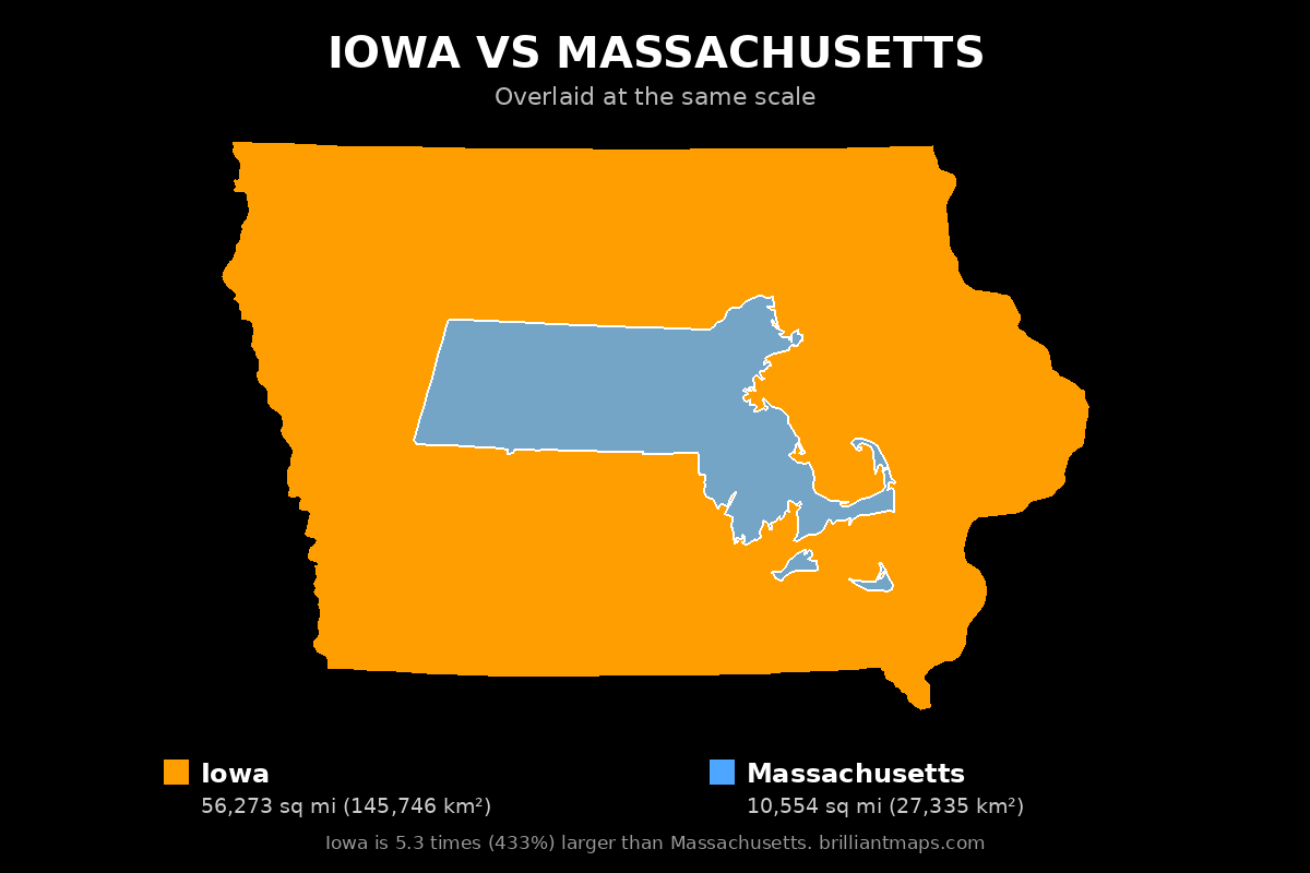 Iowa vs Massachusetts Size Comparison Map