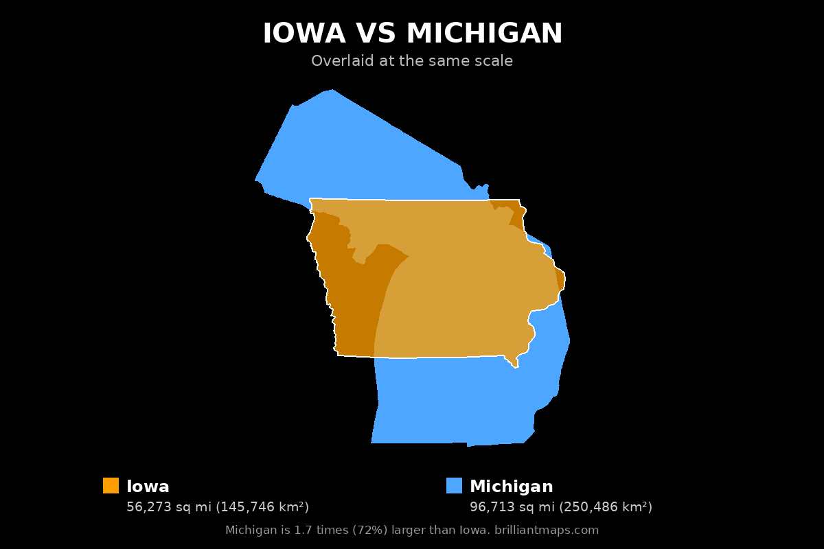 Iowa vs Michigan Size Comparison Map