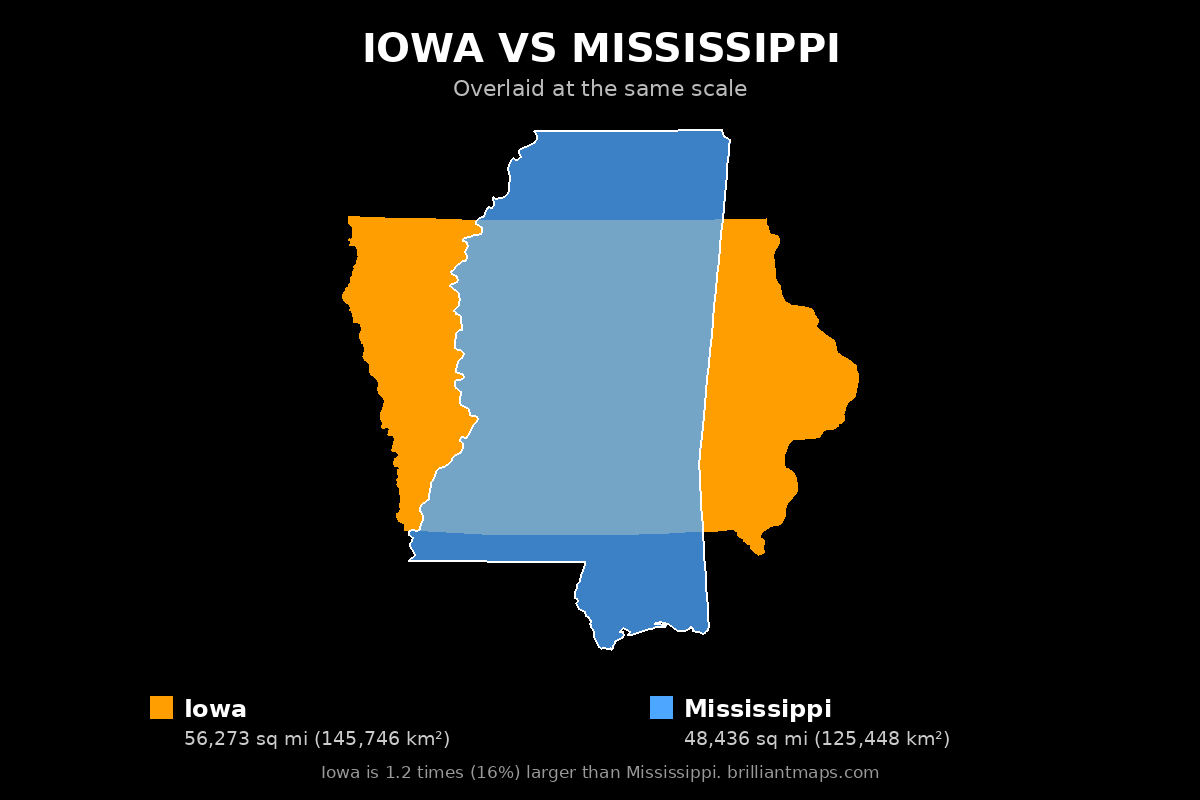 Iowa vs Mississippi Size Comparison Map