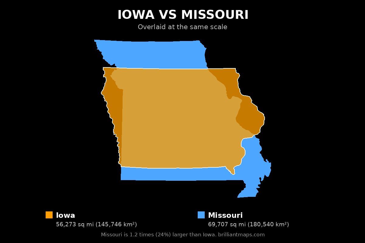 Iowa vs Missouri Size Comparison Map