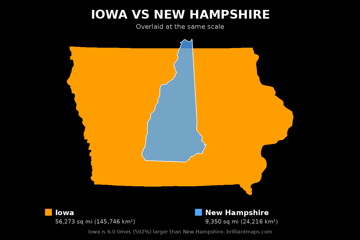 Iowa vs New Hampshire Size Comparison Map