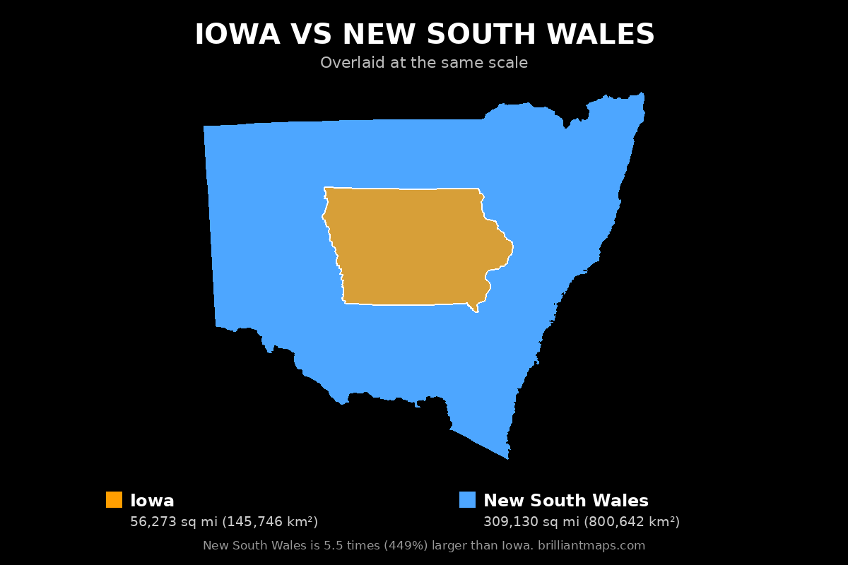 Iowa vs New South Wales Size Comparison Map
