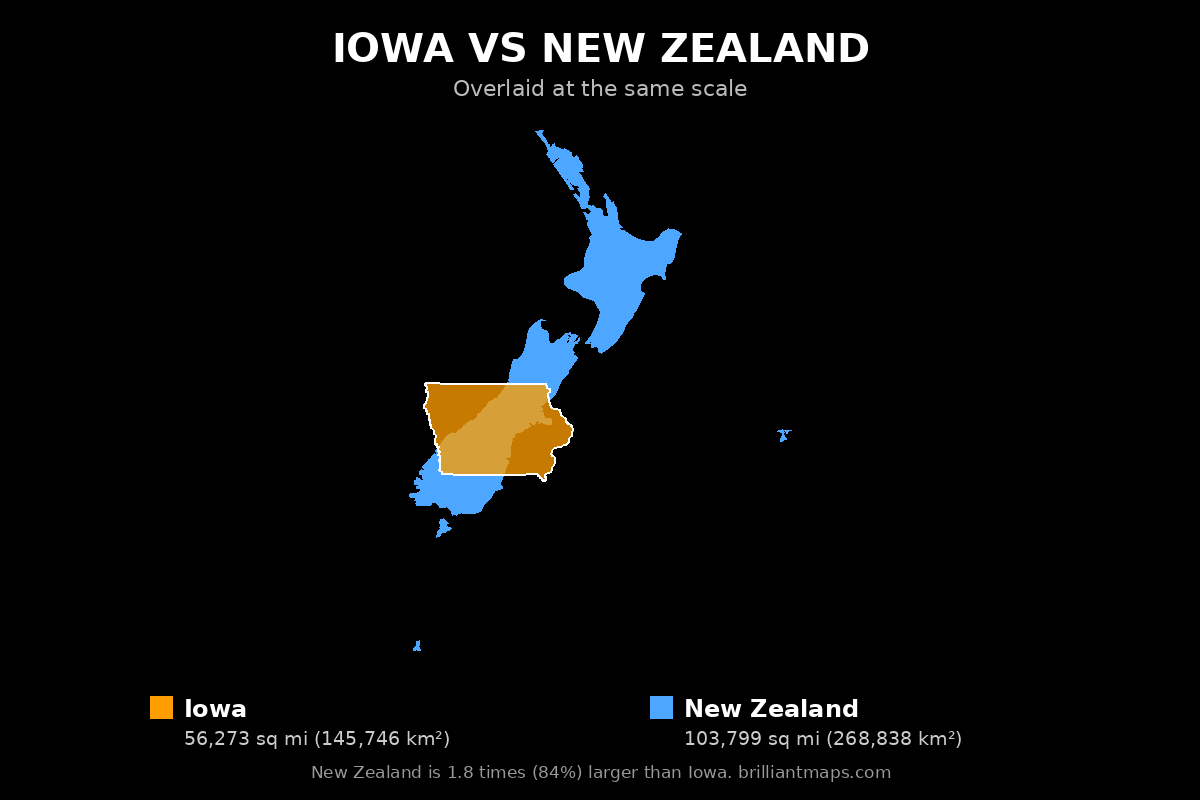 Iowa vs New Zealand Size Comparison Map