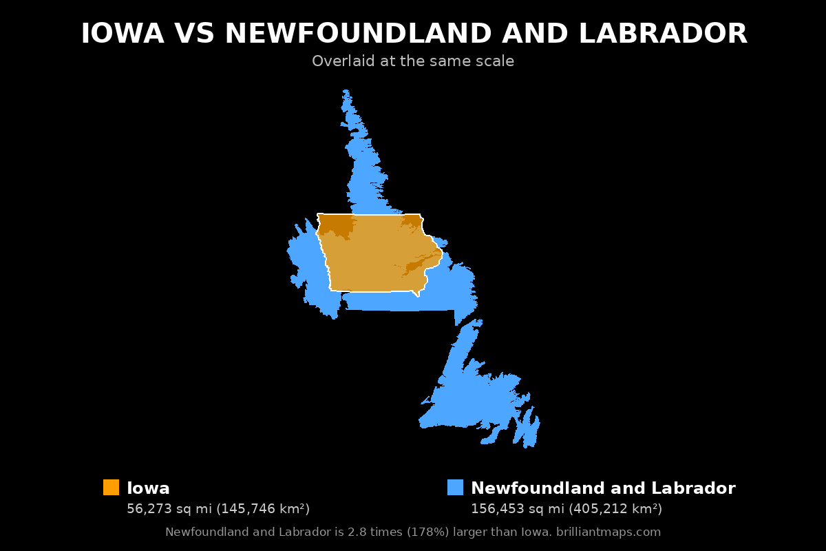 Iowa vs Newfoundland and Labrador Size Comparison Map