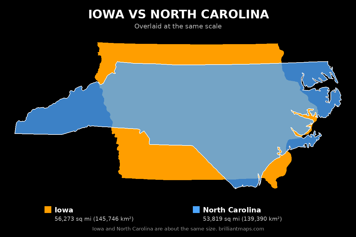 Iowa vs North Carolina Size Comparison Map