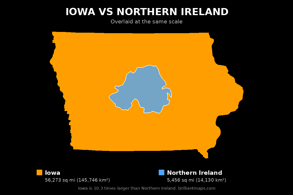 Iowa vs Northern Ireland Size Comparison Map