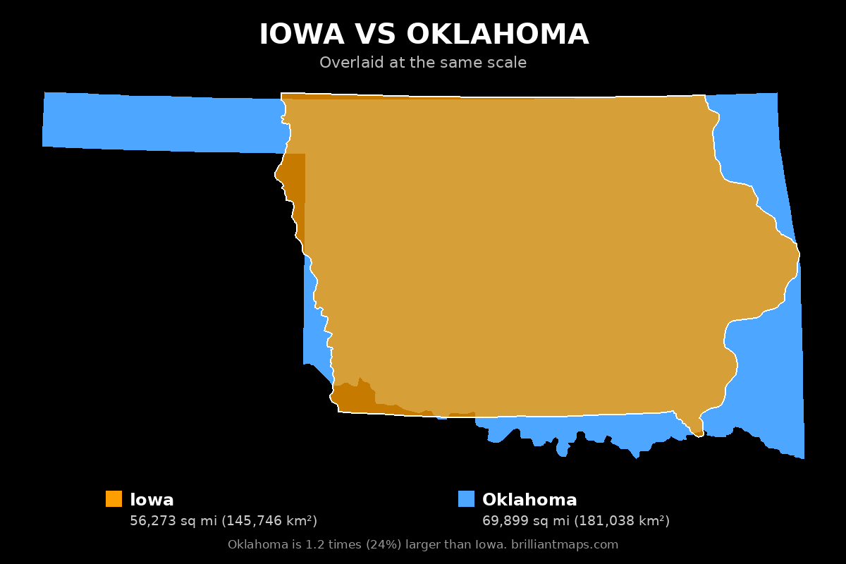 Iowa vs Oklahoma Size Comparison Map