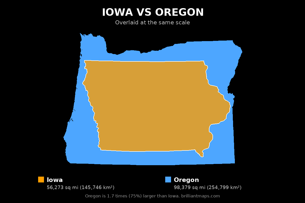 Iowa vs Oregon Size Comparison Map