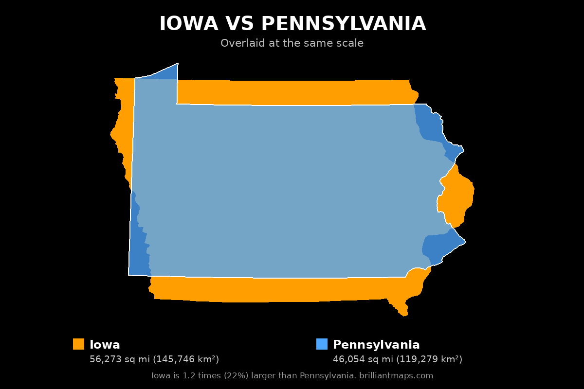 Iowa vs Pennsylvania Size Comparison Map