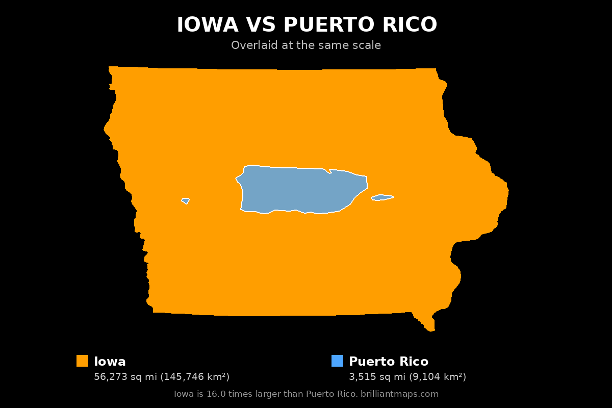 Iowa vs Puerto Rico Size Comparison Map
