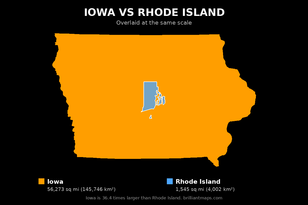 Iowa vs Rhode Island Size Comparison Map
