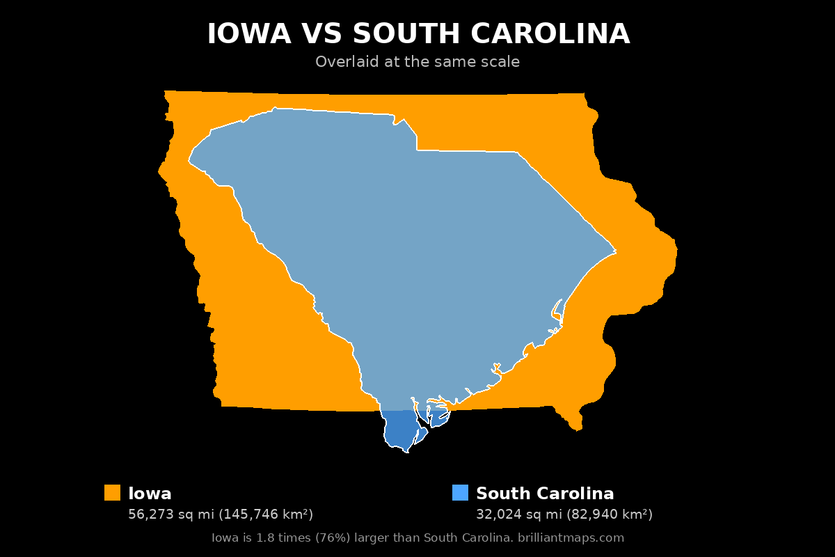 Iowa vs South Carolina Size Comparison Map