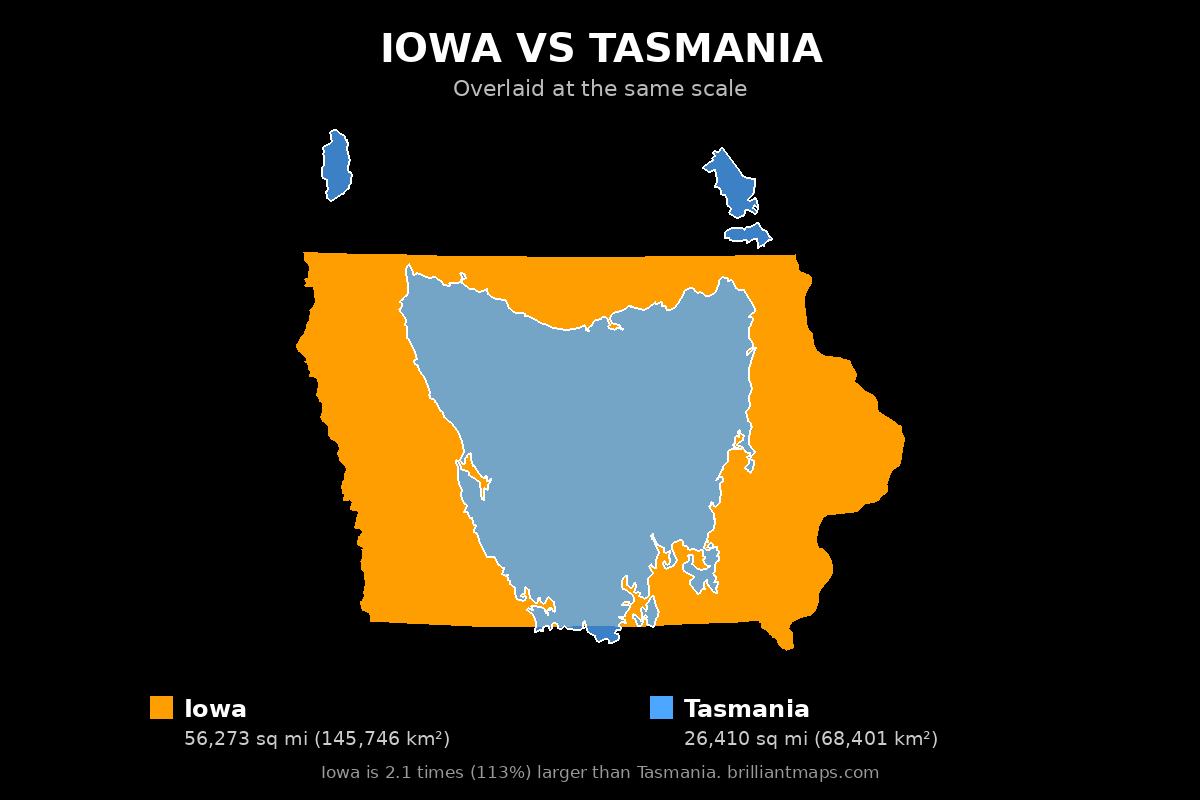 Iowa vs Tasmania Size Comparison Map