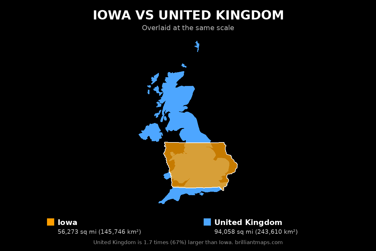 Iowa vs United Kingdom Size Comparison Map
