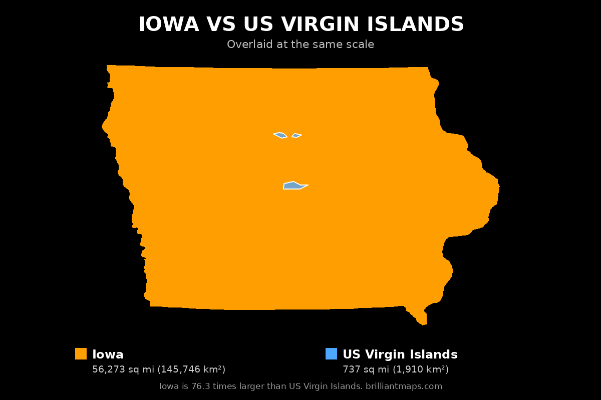 Iowa vs US Virgin Islands Size Comparison Map