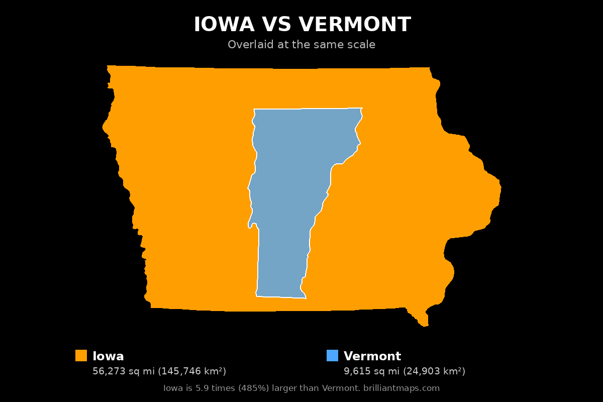 Iowa vs Vermont Size Comparison Map