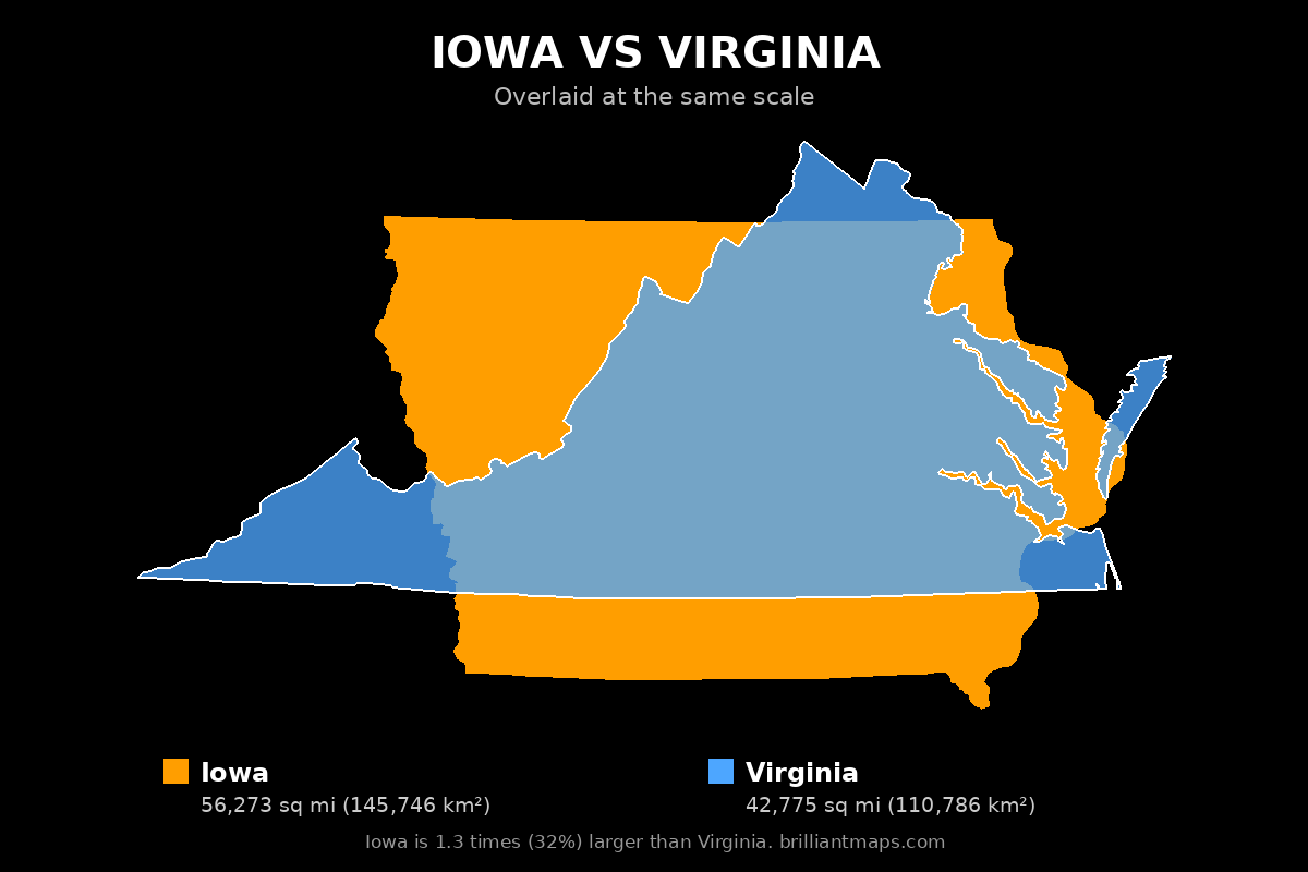Iowa vs Virginia Size Comparison Map