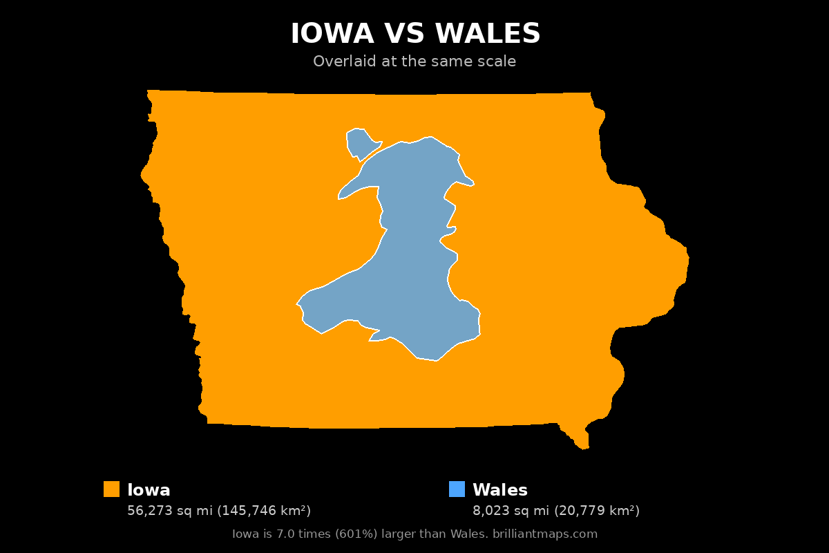Iowa vs Wales Size Comparison Map
