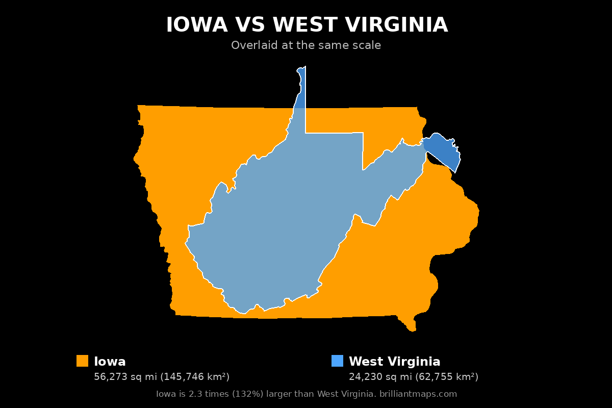 Iowa vs West Virginia Size Comparison Map