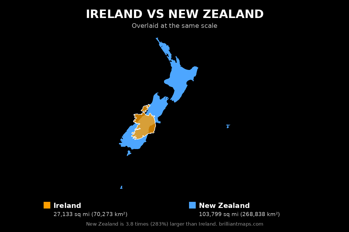 Ireland vs New Zealand Size Comparison Map