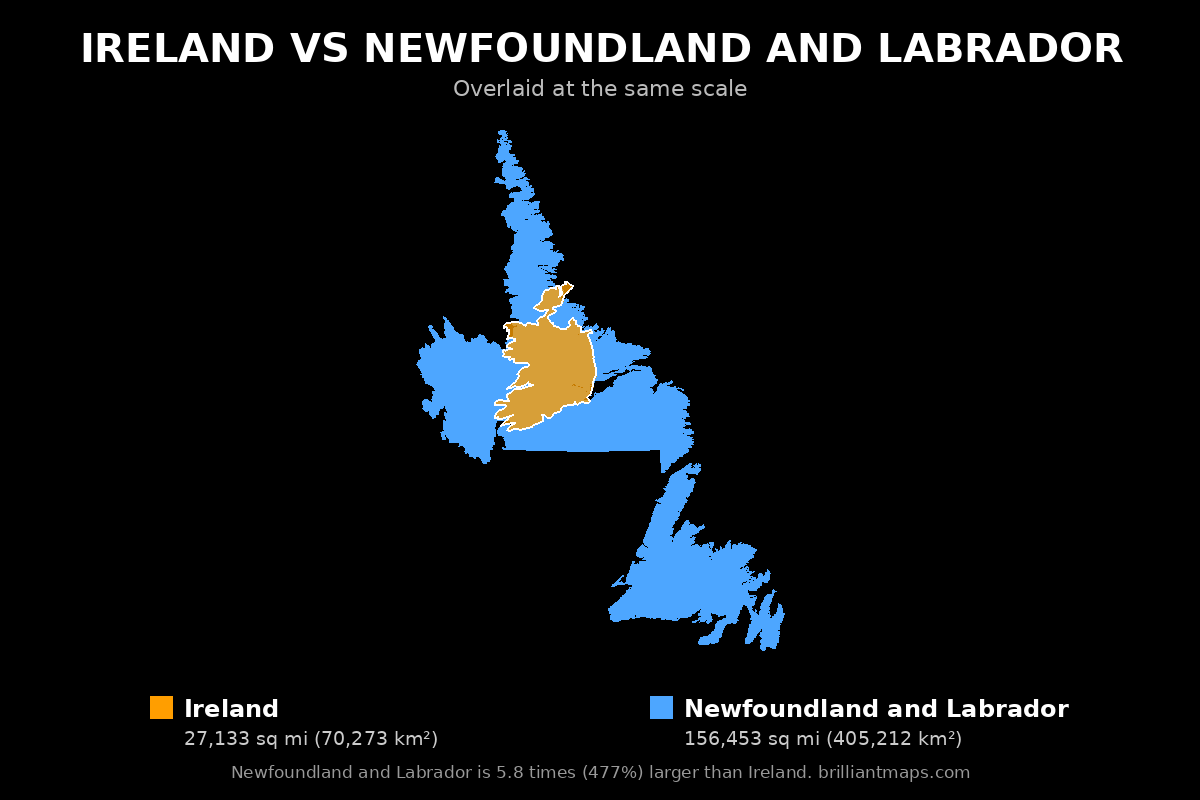Ireland vs Newfoundland and Labrador Size Comparison Map