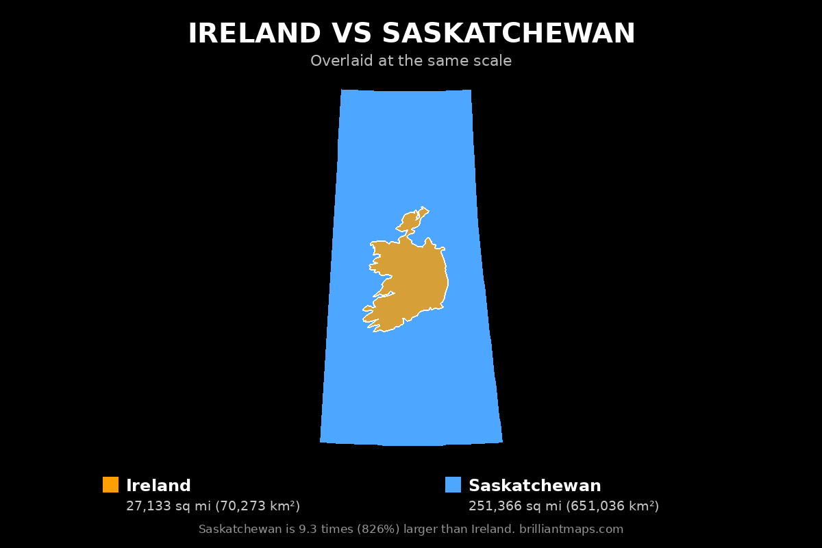 Ireland vs Saskatchewan Size Comparison Map