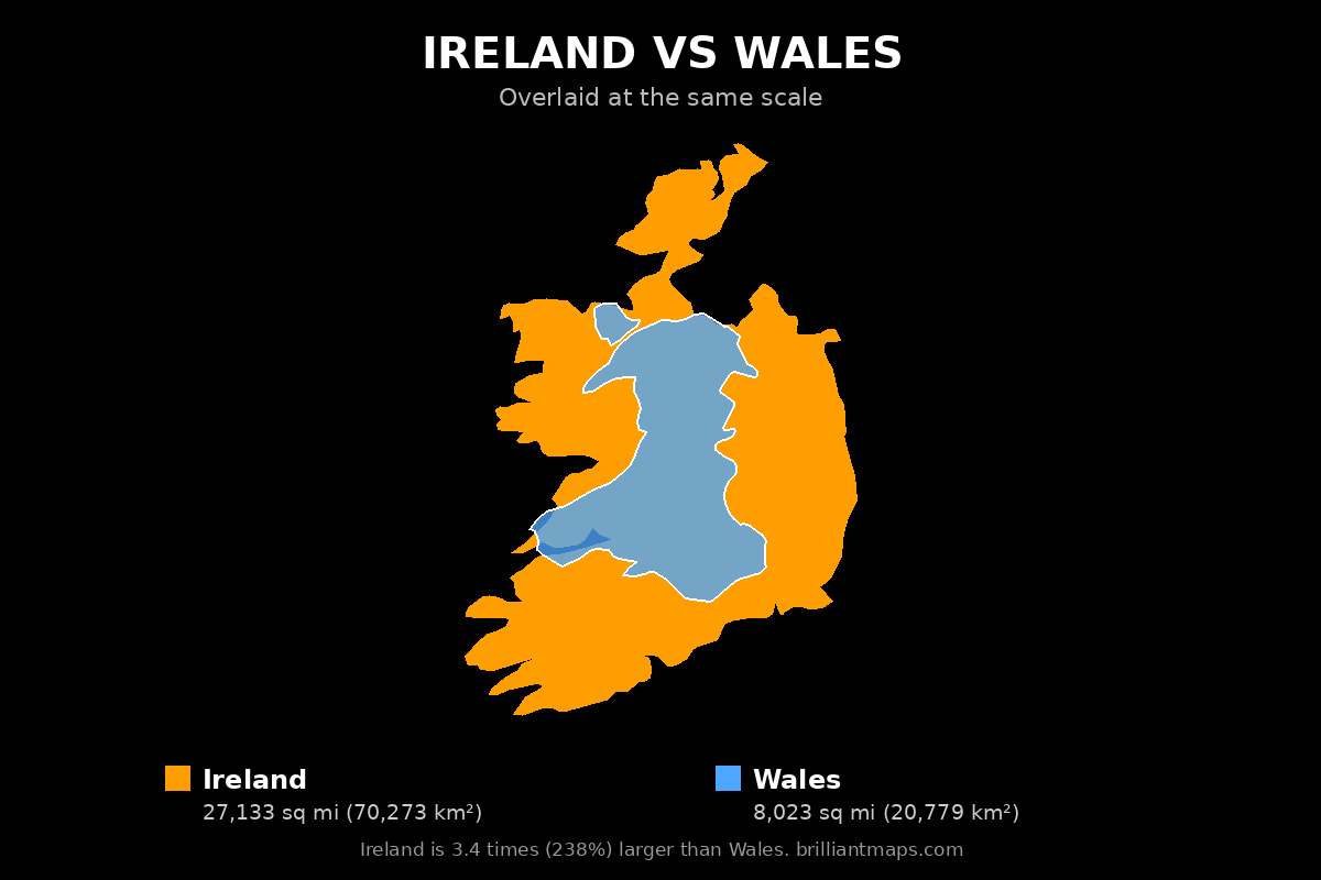 Ireland vs Wales Size Comparison Map