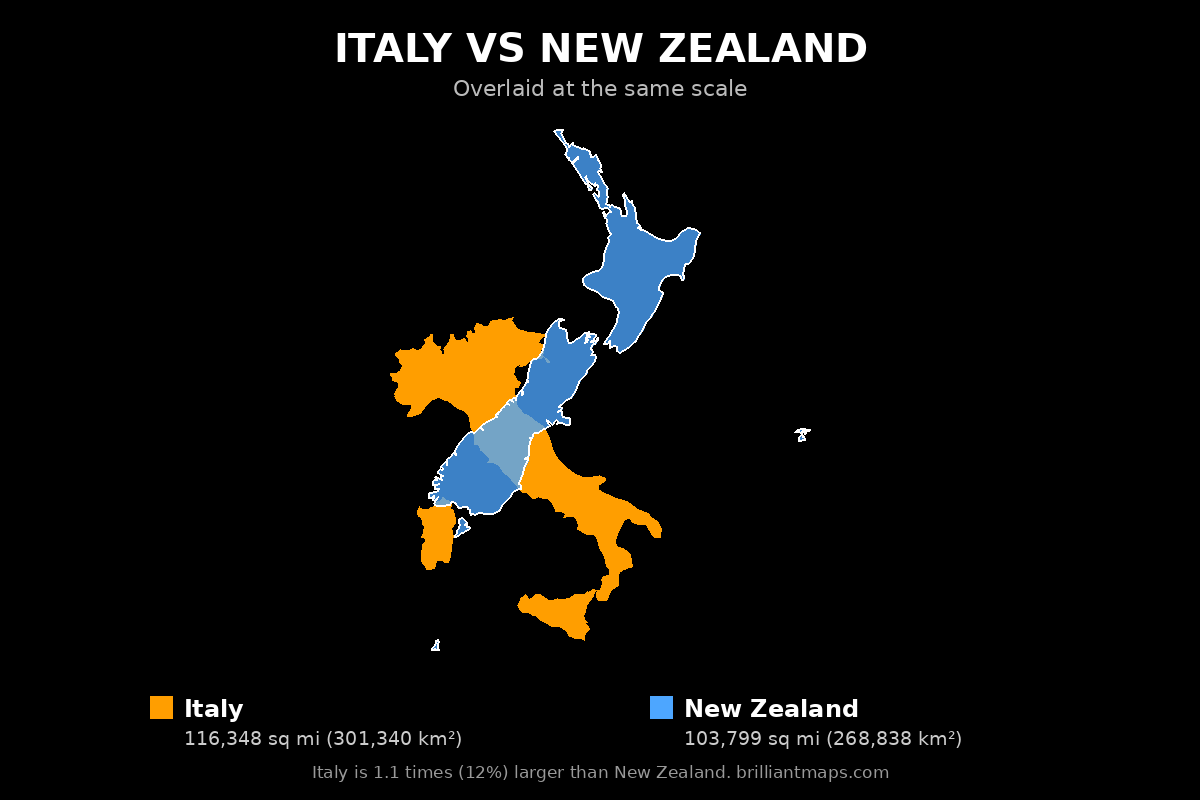 Italy vs New Zealand Size Comparison Map