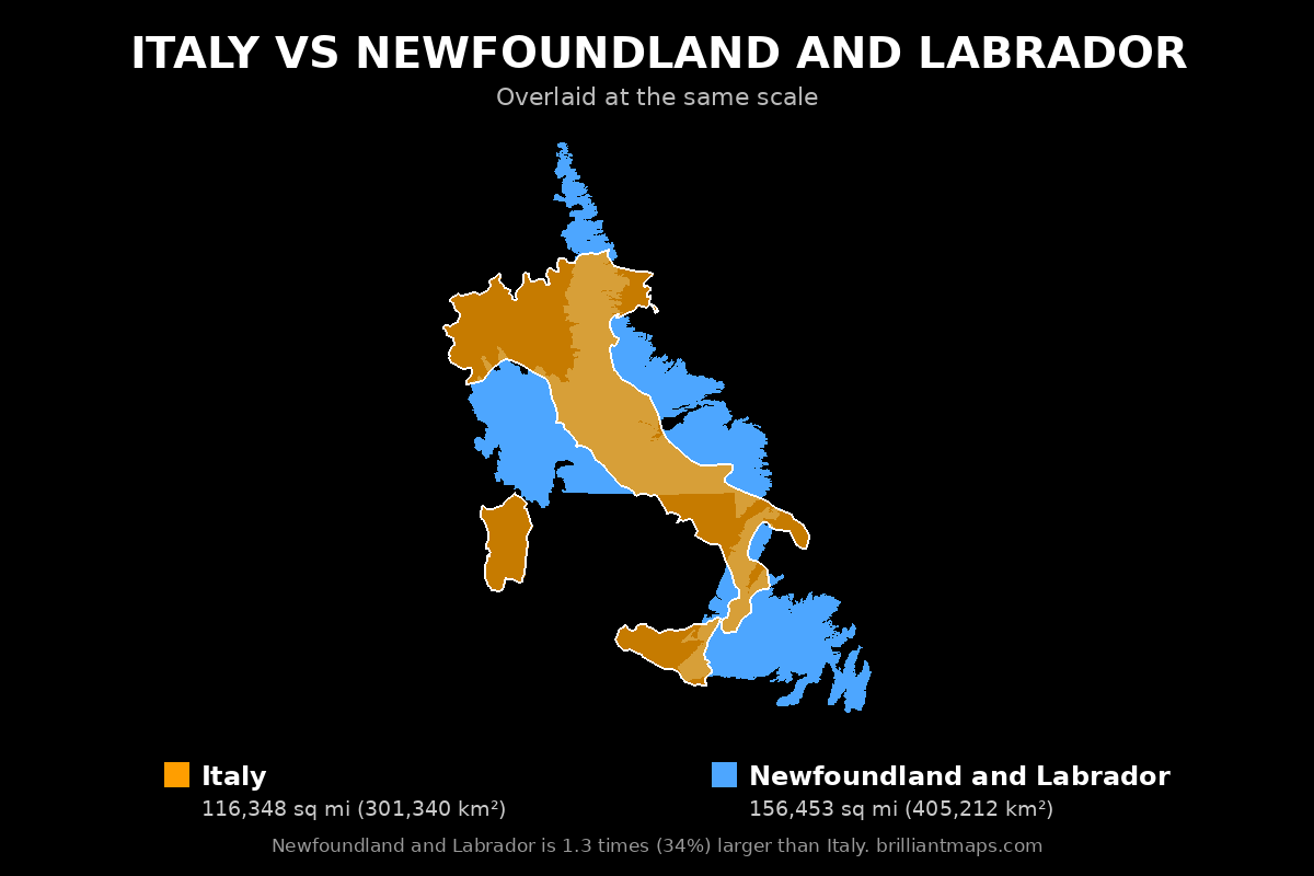 Italy vs Newfoundland and Labrador Size Comparison Map