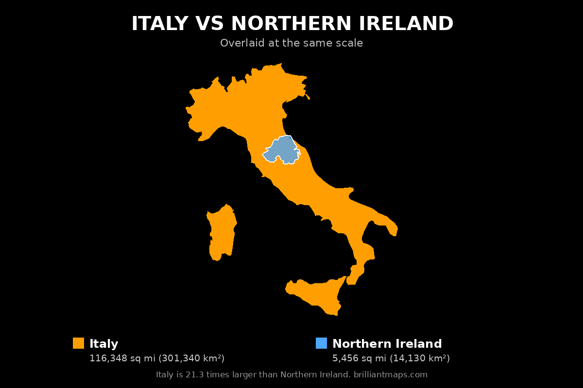 Italy vs Northern Ireland Size Comparison Map