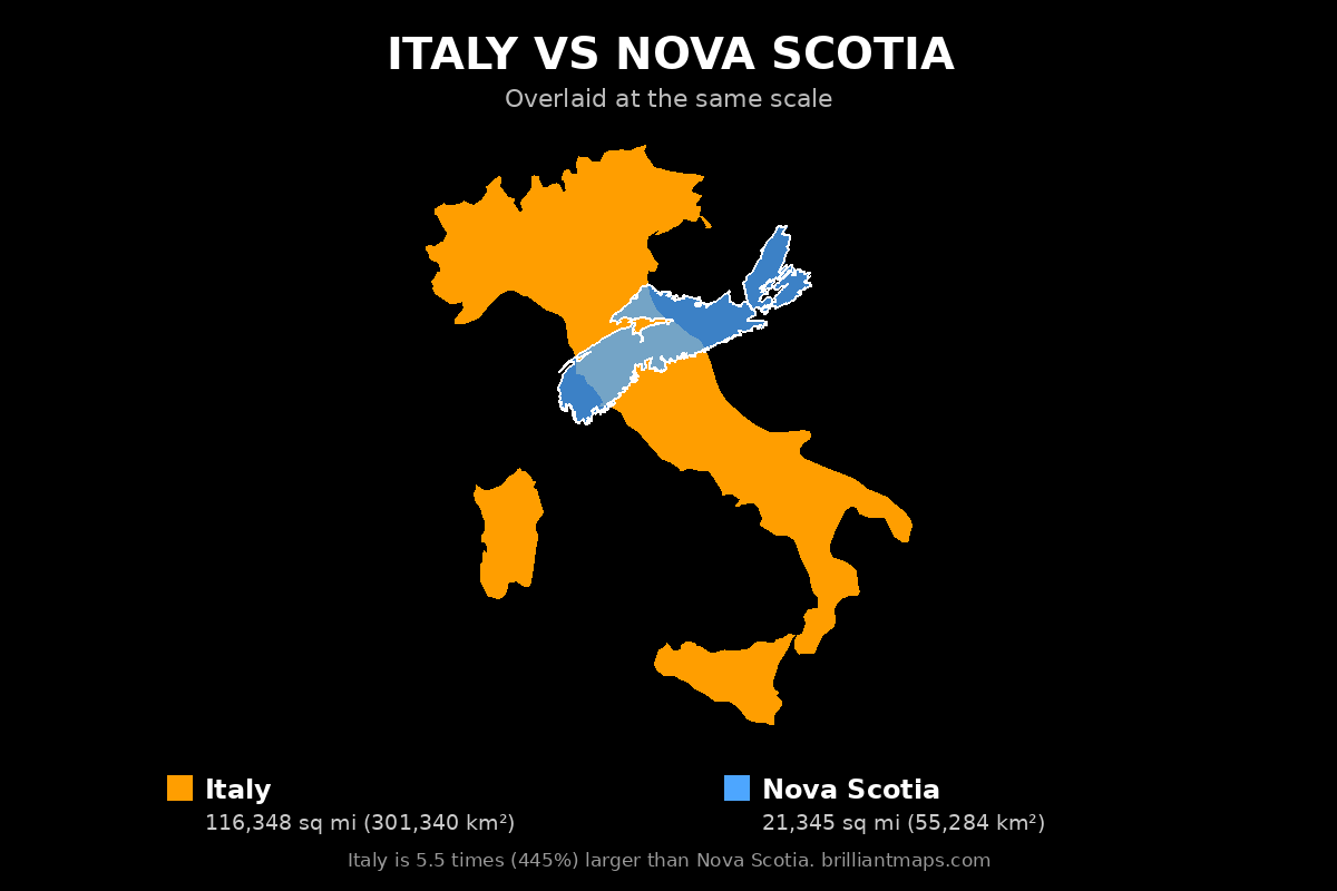 Italy vs Nova Scotia Size Comparison Map