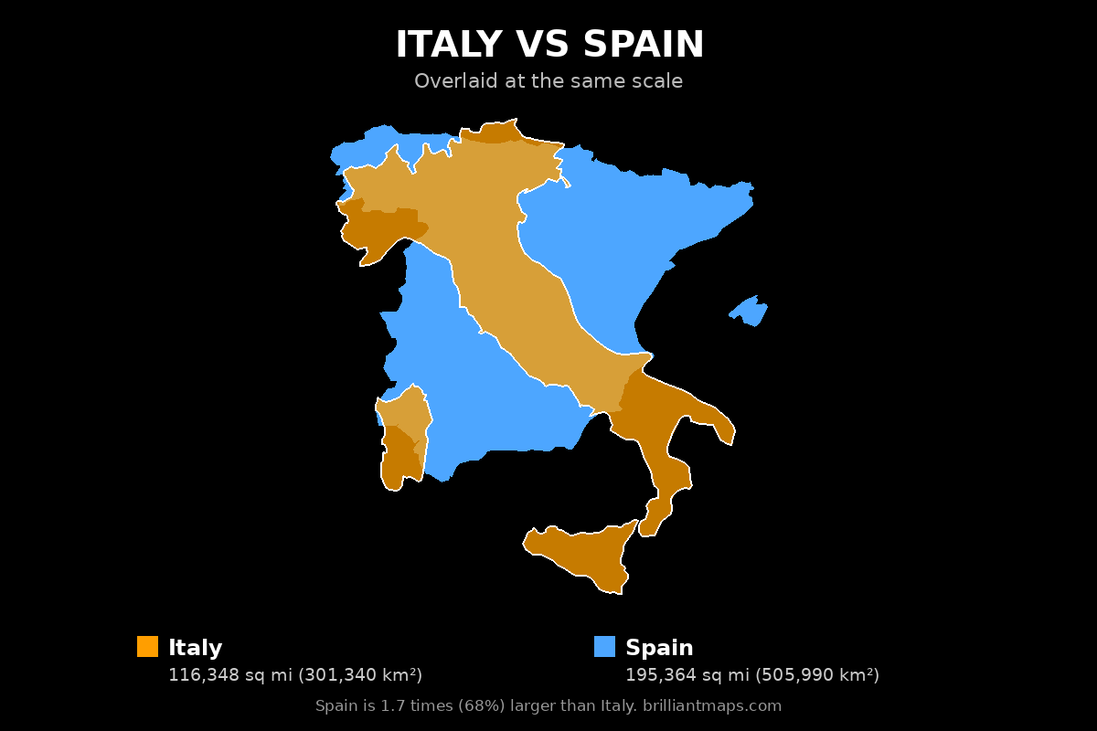 Italy vs Spain Size Comparison Map