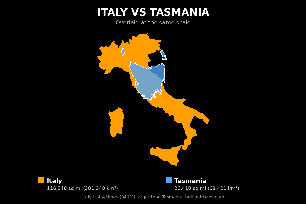 Italy vs Tasmania Size Comparison Map