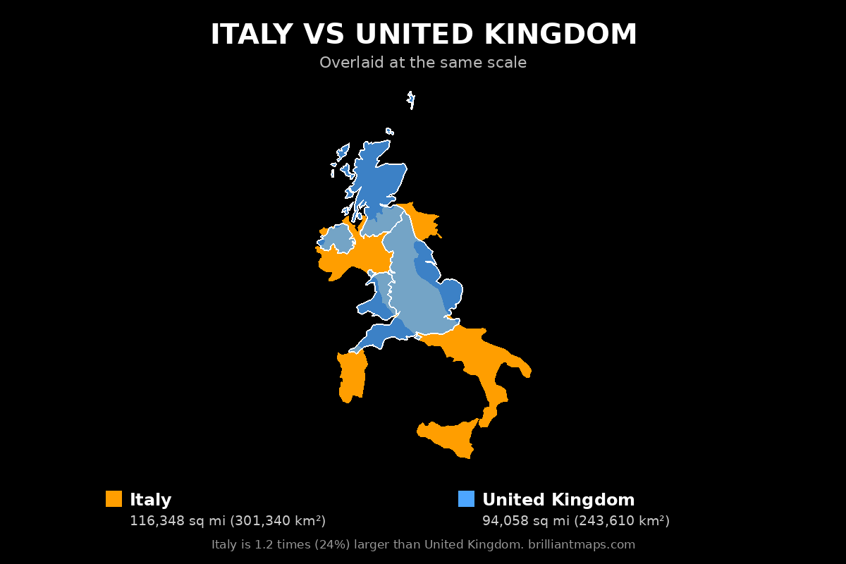 Italy vs United Kingdom Size Comparison Map