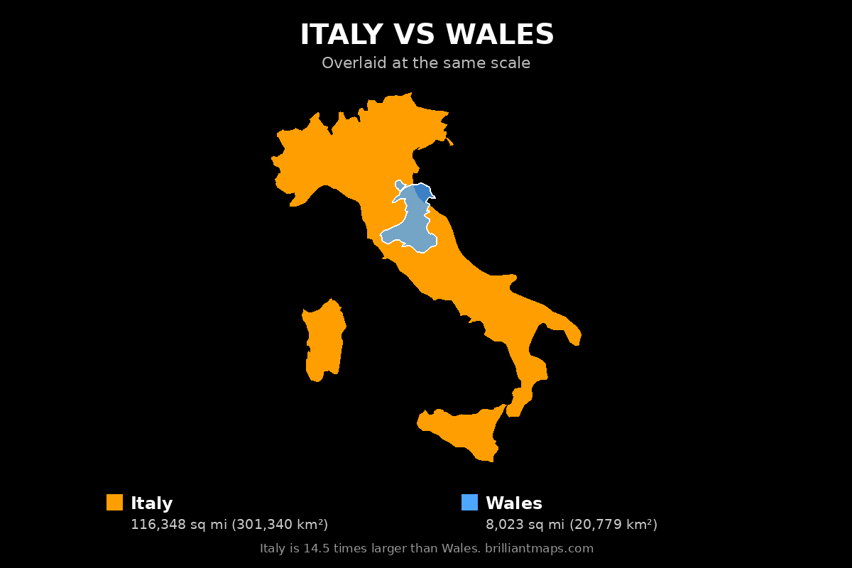 Italy vs Wales Size Comparison Map