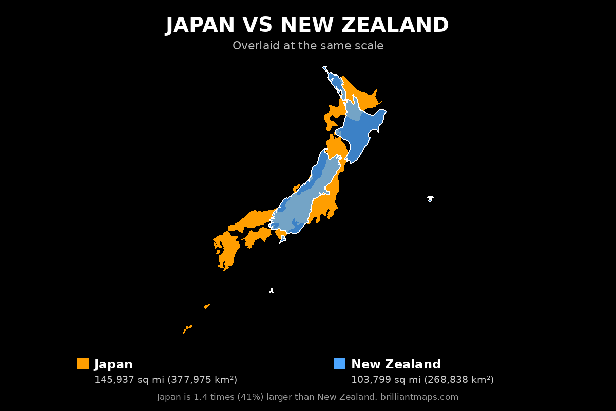 Japan vs New Zealand Size Comparison Map